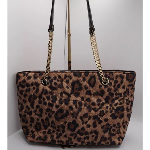 Michael Kors Brown Leopard Print Satin Leather Tote Quilted Academia Chic 36-12 - Picture 2 of 16